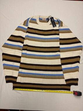 Enyce Cream, Brown & Blue Striped Crewneck Cotton Sweater
